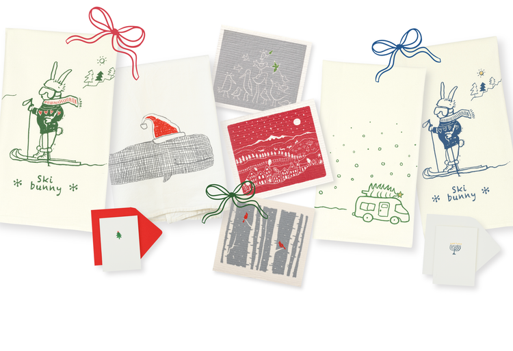 holiday cards, tea towels, sponges